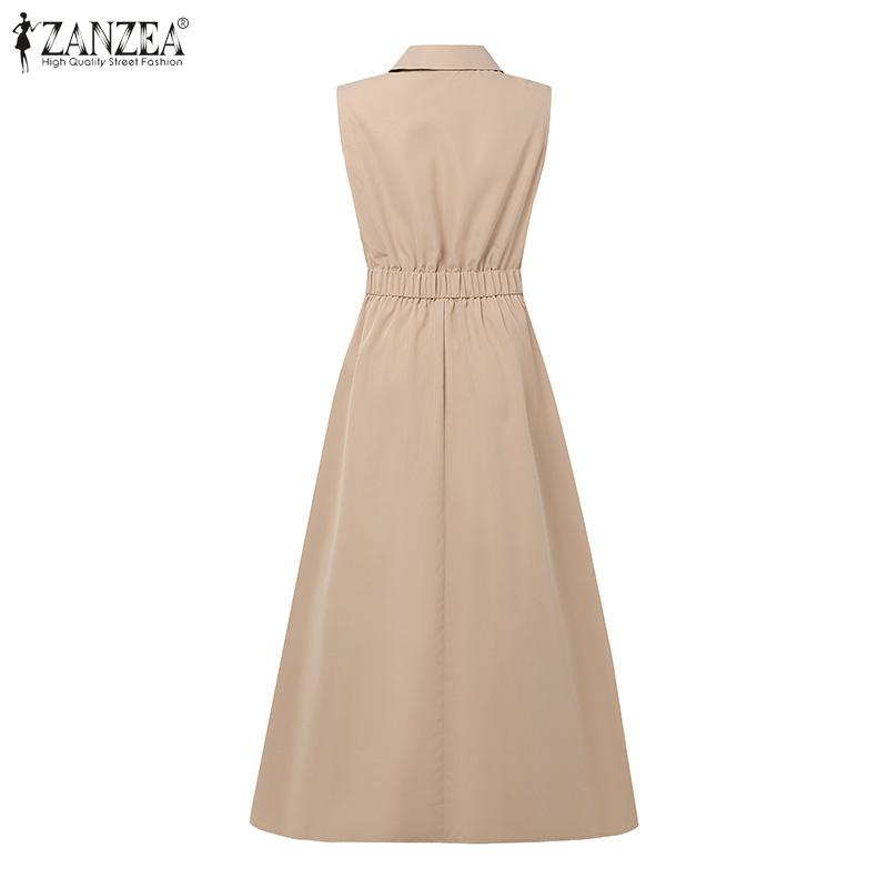 ZANZEA Women Casual Turn Down Collar Loose Summer Sleeveless Dress