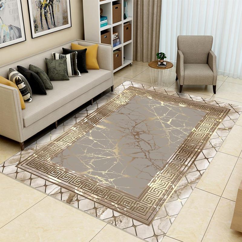 Luxury Gold Textured Border Carpet Modern and Simple Living Room Non Slip FloorMat Light Brown Geometric PatternDecorativeCarpet