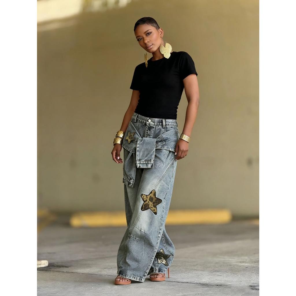 VIONA Damen-Jeans Star Vintage Altblau Gewaschen Baggy Jeans Amerikanisch Locker Weites Bein Hosen Mode Hip-Hop