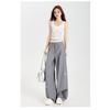 Casual Women's Bow Embroidered Striped Suit Relaxed Gray High Waist Draped Wide Leg Pants