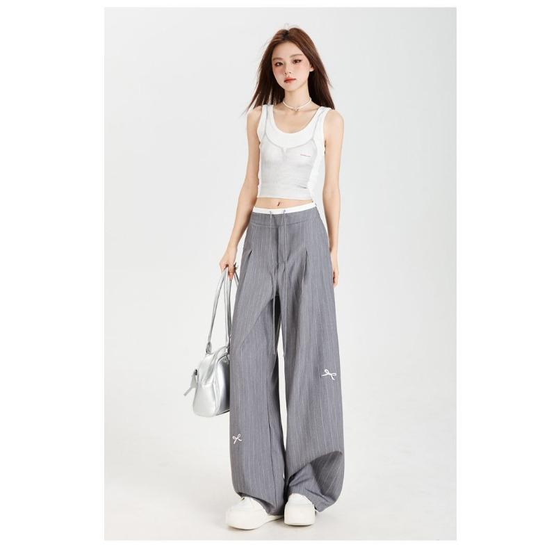 Casual Women's Bow Embroidered Striped Suit Relaxed Gray High Waist Draped Wide Leg Pants