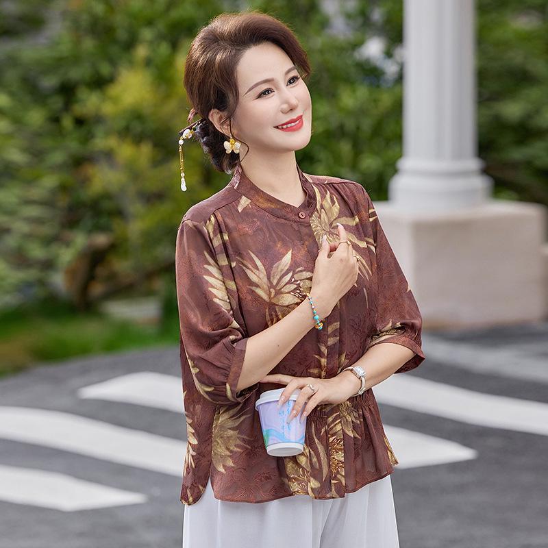 

Summer 2026 Chiffon Shirt Set for Women 50s-60s: Elegant Mid-Sleeve & Printed Design XXXL [Weight 120-135 Jin]