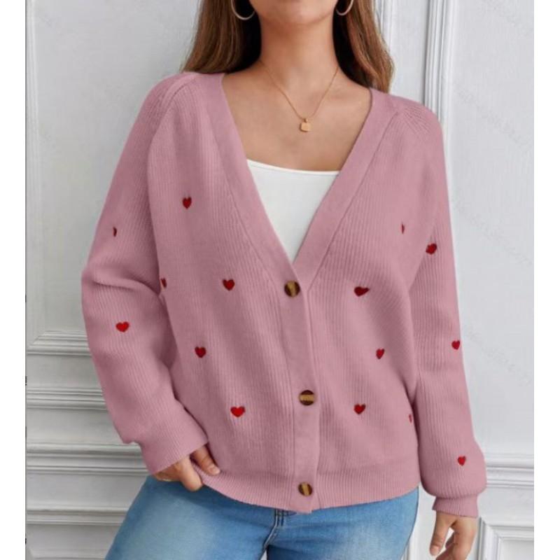 Womens V-Neck Knit Cardigan With Heart Embroidery Winter Lightweight Open Front Sweater