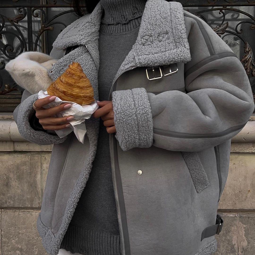 

Зимняя утолщенная куртка из овечьей шерсти, новая байкерская куртка из овчины, женская теплая свободная верхняя одежда S серый