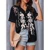 Minimalist and personalized line printed women's short sleeved lapel shirt summer fashion daily versatile casual and gentle top