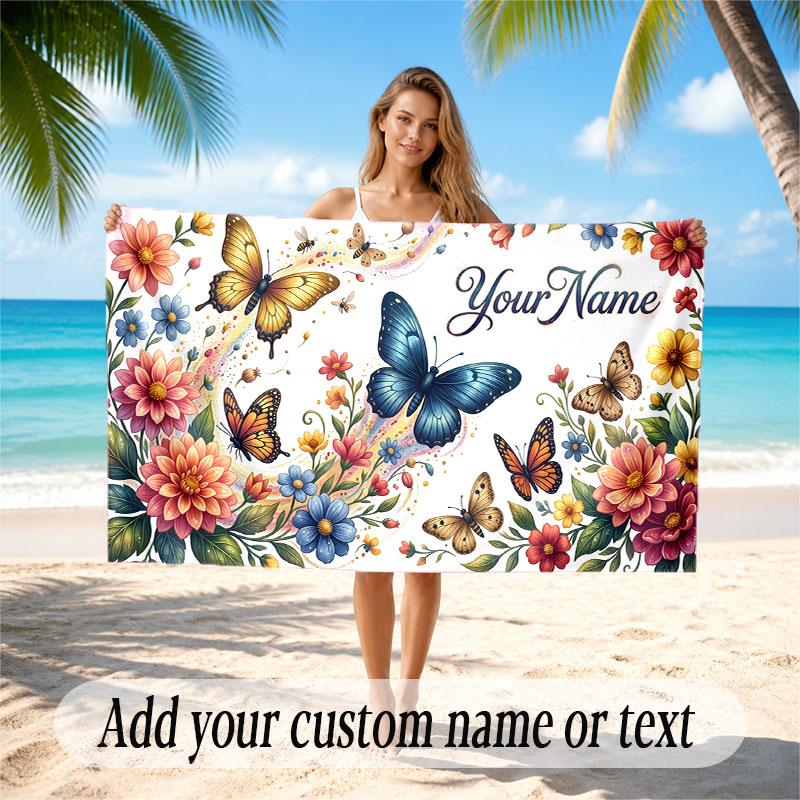 Butterfly Theme Soft Beach Towel Personalized Custom Name Text Towel Portable for Beach Pool Travel