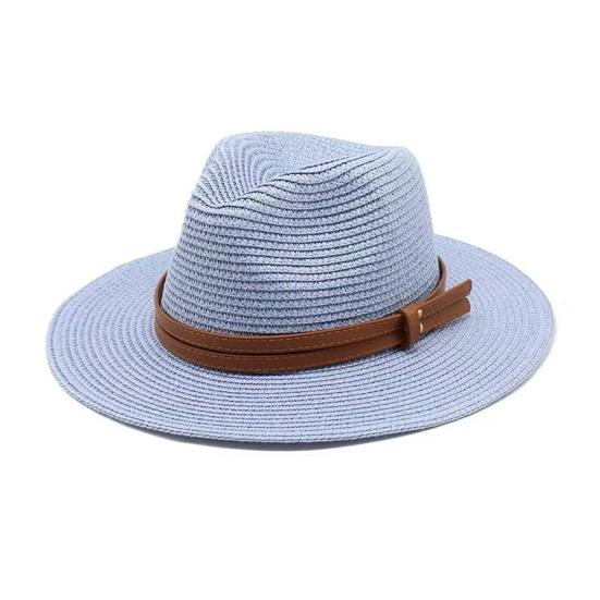 

Summer Straw Hat Foldable Wide Brim Sun Hat with Faux Leather Strap Decor Adjustable Size Lightweight Outdoor Travel UV Protection Hat светло-синий