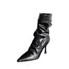 Pointed Pleated Piled Knight Boots Women's Thin Heel Retro Medium Boots Temperament Black High Heel Boots