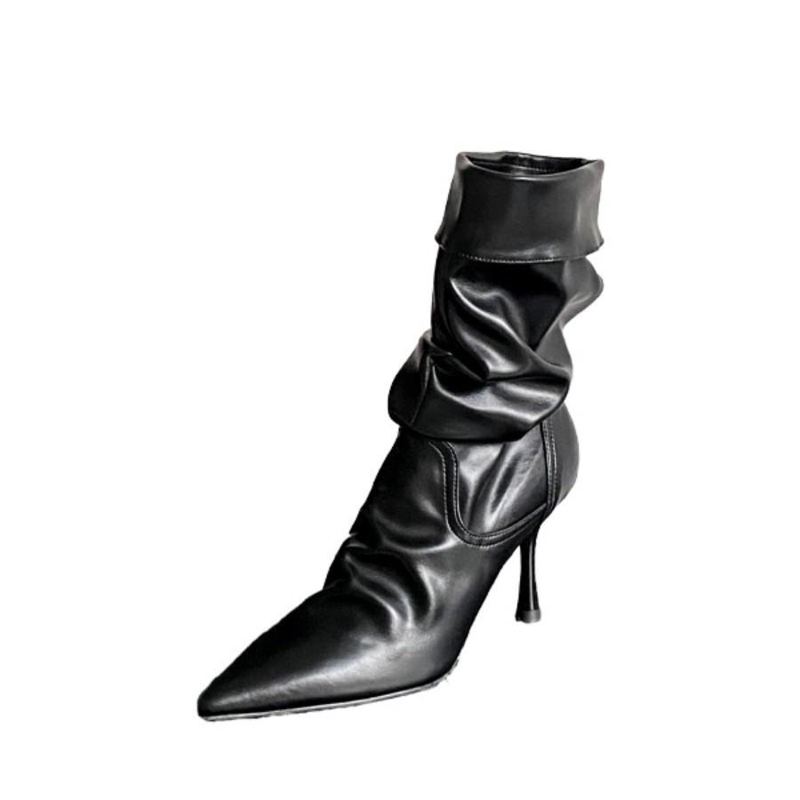 Pointed Pleated Piled Knight Boots Women's Thin Heel Retro Medium Boots Temperament Black High Heel Boots