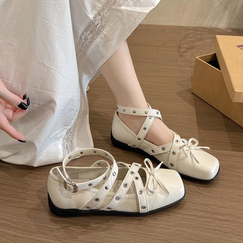 Fashion Silver bow small single shoes women's spring and summer new heightening real soft leather light mouth square head ballet shoes