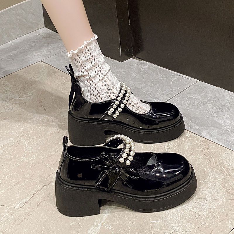 2025 New Retro Spring Sweet Korean Skirt Mary Jane Shoes Women's French Fairy Pearl Platform Single Shoes Leather Shoes