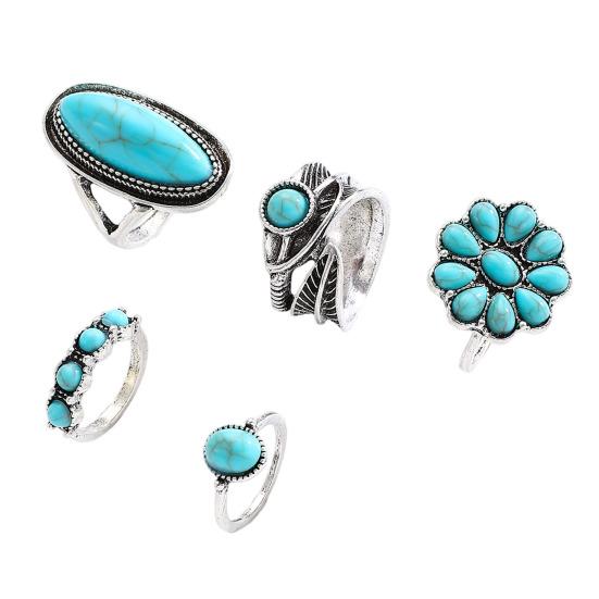 

5Pcs Ring Set Retro Distressed Silver Color Finger Rings with Imitation Turquoise Bohemian Style Versatile Stackable Finger Ring Jewelry Gift 5pcs