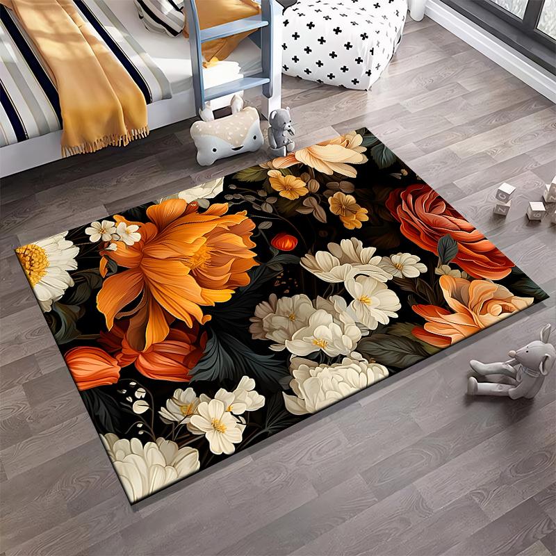 Floral Elegance In Orange and Cream Non-slip Rug Suitable for Living Room and Bedroom Sofas