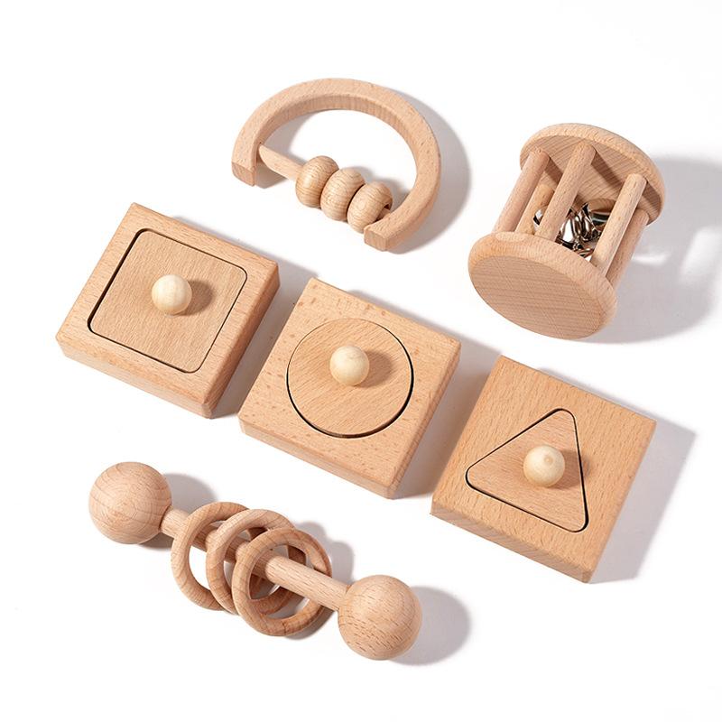 Hand-made 6-piece Sets Baby Rattle Soft Beech Wood Toy Set Early Education Wooden Baby Rattles for Newborns Children s