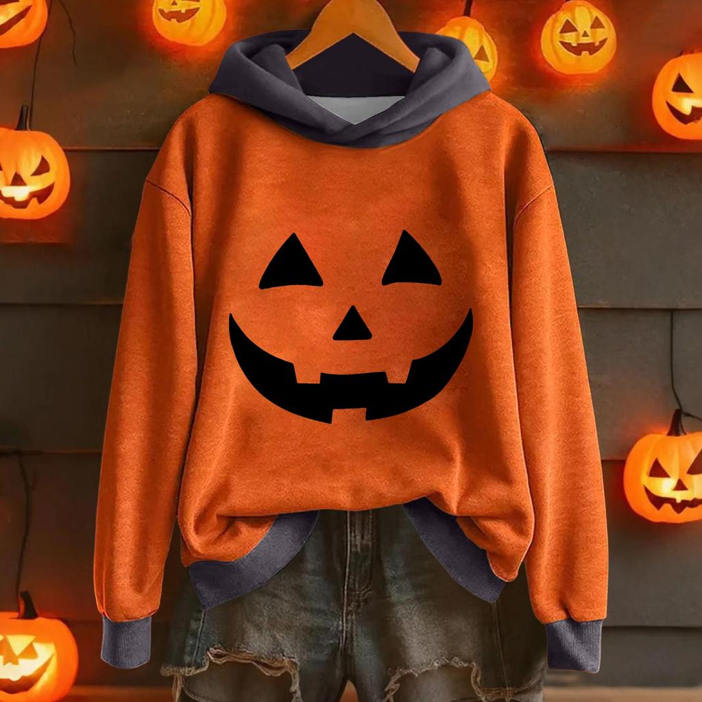 Ladies' Casual And Fashionable Halloween Printed Long Sleeved Hooded Warm Shirt Loose And Comfortable Hoodie