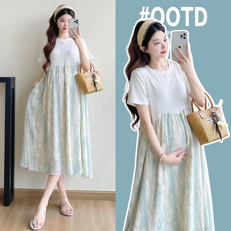 2026 Maternity Patchwork Mid-Length Summer Dress, Fake Two-Piece XXL
