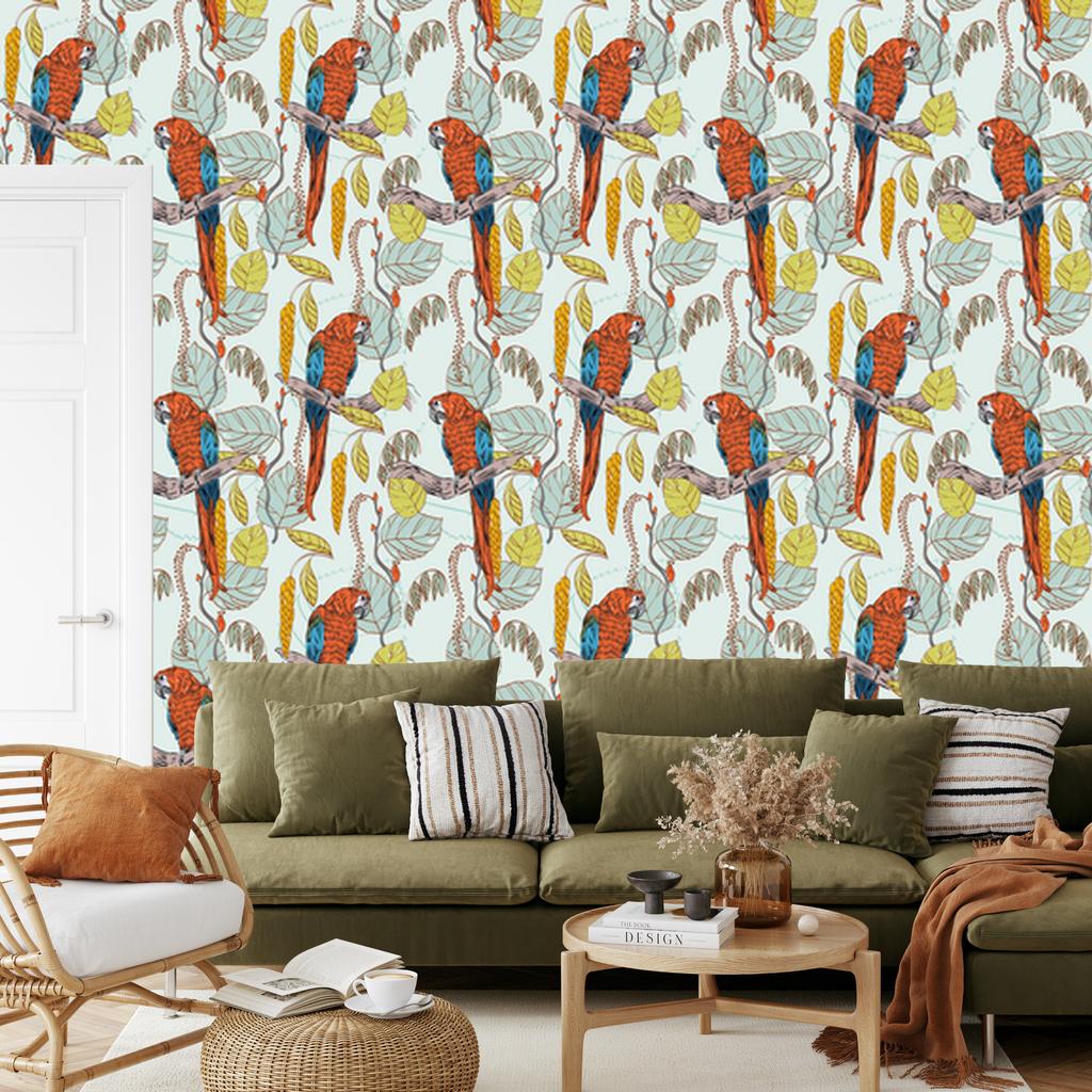 Wallpaper Beautiful colorful parrots for living room and bedroom 50x1000
