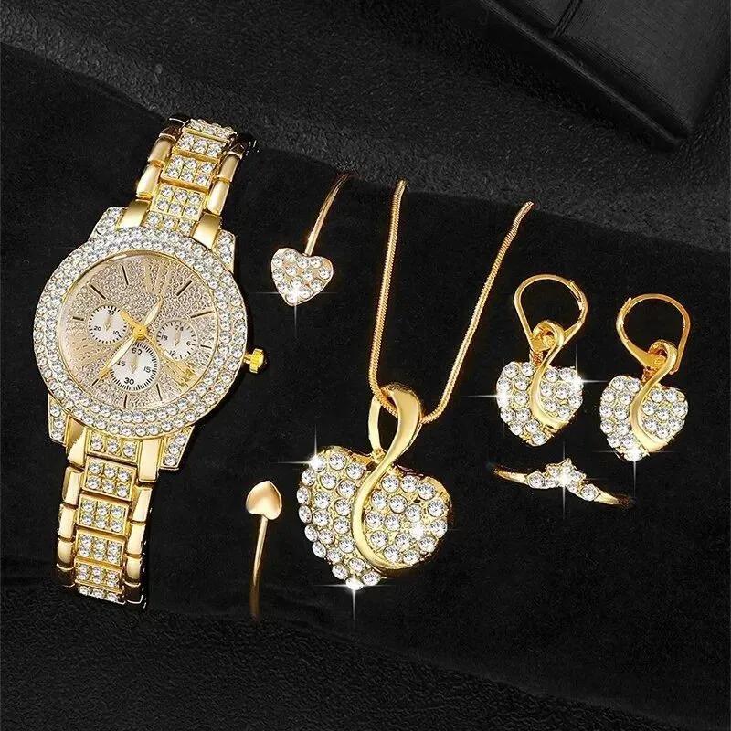 

6PCS/set Women Watch Luxury Elegant Alloy Watch Crystal Wristwatch For Ladies Gift Quartz Watch Alloy Rhinestone Bracelet Montre золотий