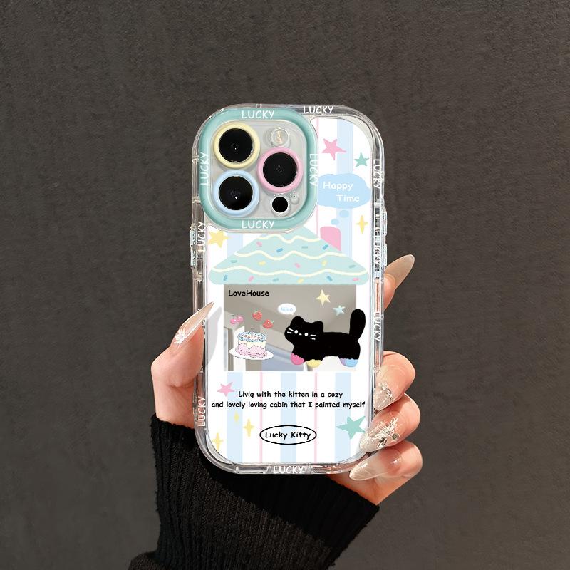 Cartoon Cake Black Cat for Apple17promax Phone Case for IPhone15plus Mirror Cream 14/13