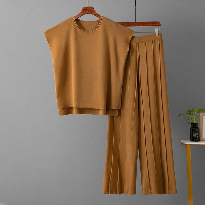 GMXIA Casual Women's Summer Solid-color Sleeveless Vest, Knitted Sweater, Wide-leg Pants, Large-sized Ice Silk Suit