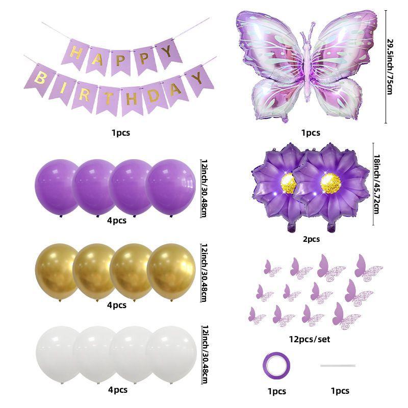 Purple Butterfly-Themed Banner, Flowers, and Aluminum Foil Balloon Set for Birthday Party Decorations