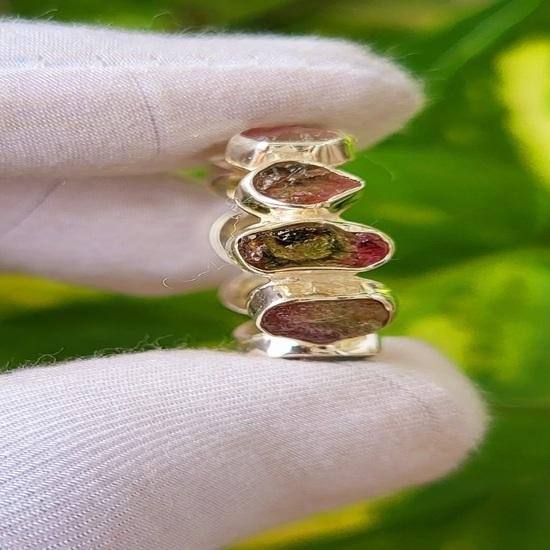 Natural Raw Bicolor Tourmaline Gemstone 925 Sterling Silver Eternity Ring 9 US