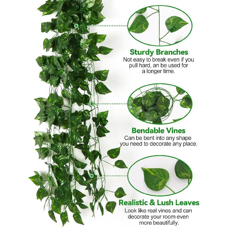 Kalolary 12 Pack Artificial Ivy Garlands, 88FT Scindapsus Leaf Fake Vines Plants Greenery Hanging Plants Vine Fake Plants for Wedding Bedroom