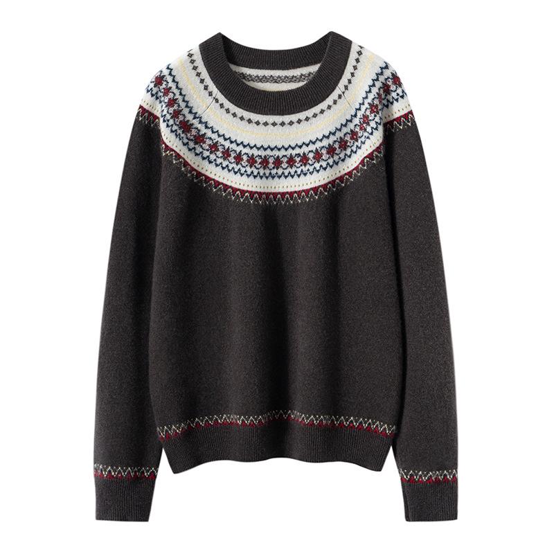 Women's 100% Cashmere Jacquard Sweater: Autumn/Winter Loose Round Neck Knitwear