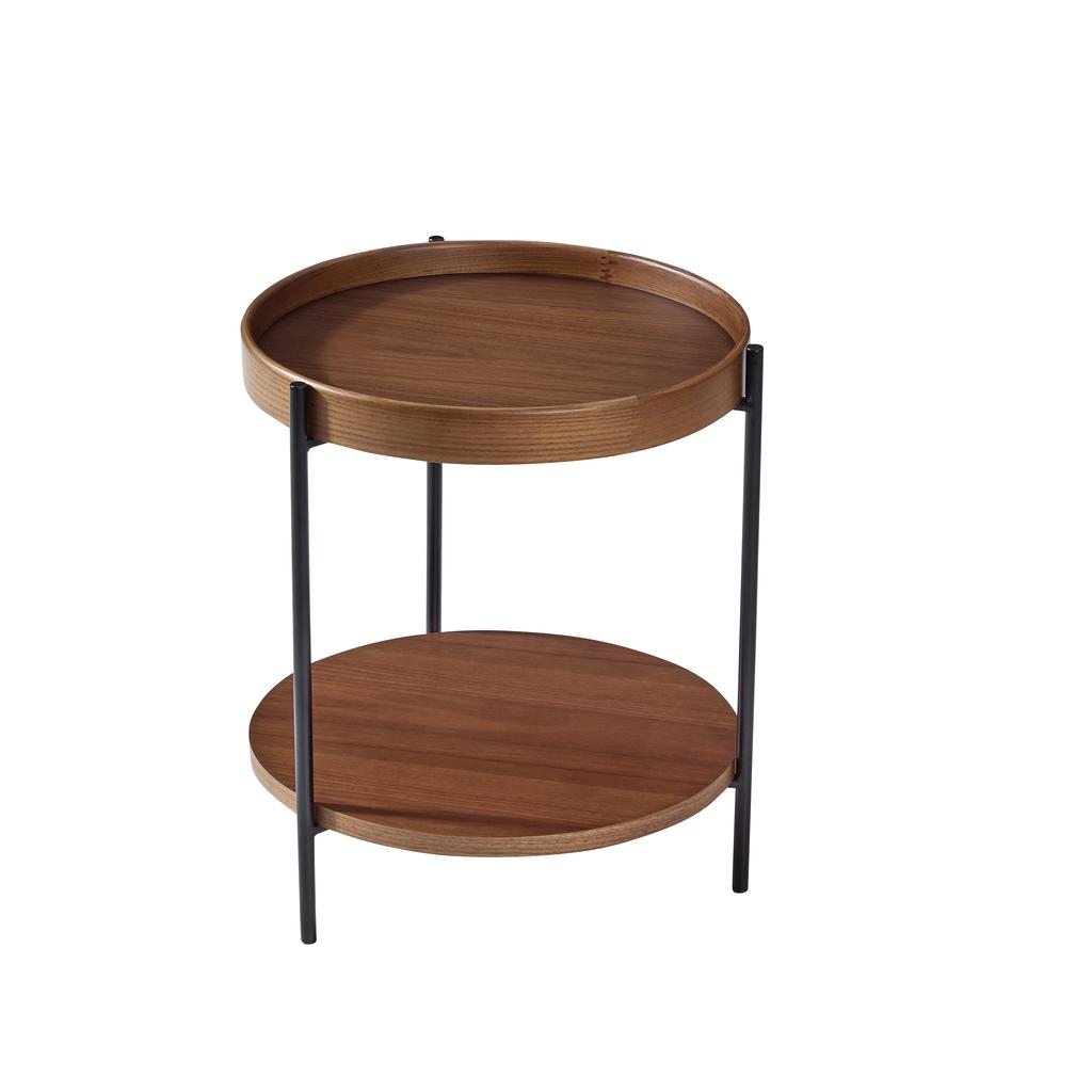 Coffee table with 2-tier tray design, round, solid wood & metal, in 3 colors: Ash Natural / Walnut / Black, combinable with side table (44x44x48 cm)