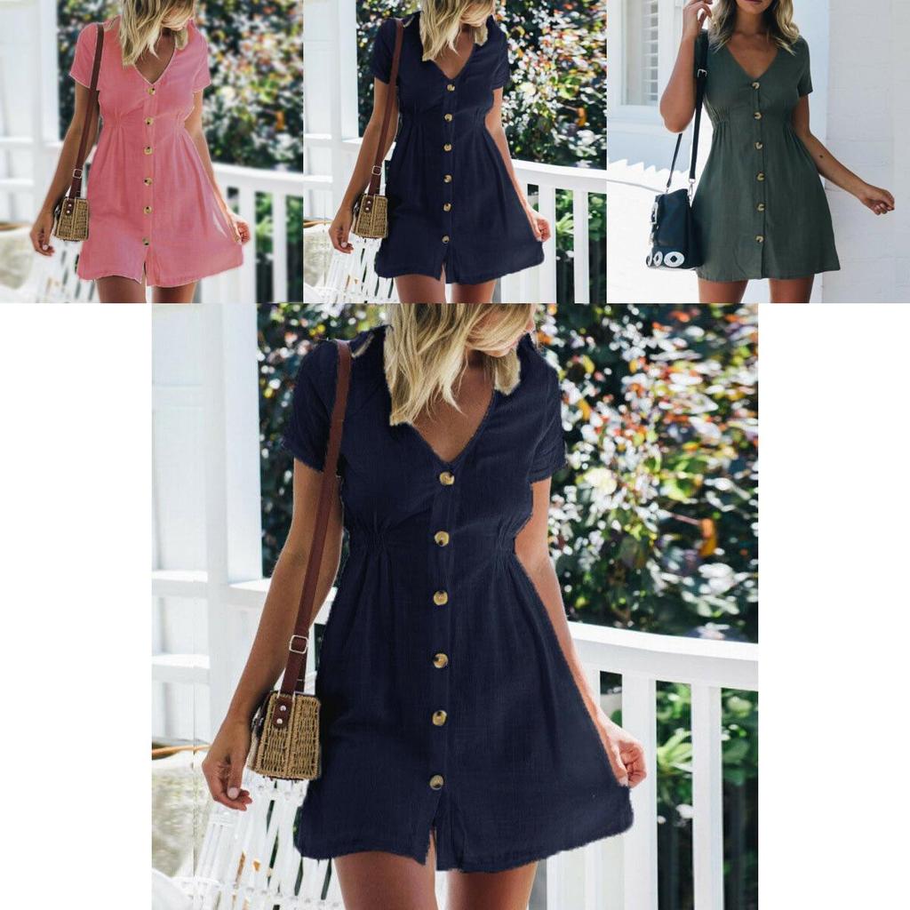 Stylish Women Button Down V Neck Mini Tea Dress In Soft Comfortable Fabric Perfect For Summer Days