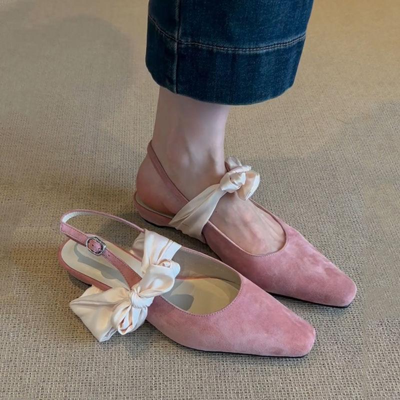 

French temperament lace-up bow back strap bag head sandals retro versatile low-heeled single shoes one-word sandals 35