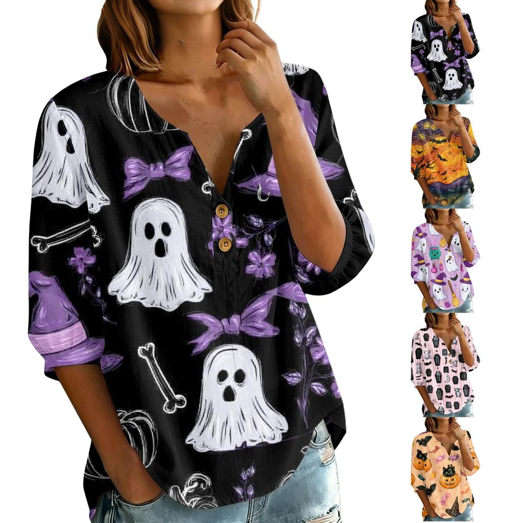 Women's Casual V Neck Button Front Three Quarter Sleeve T Shirt Halloween Print Lightweight Blouse for Everyday Wear and Seasonal Outfits