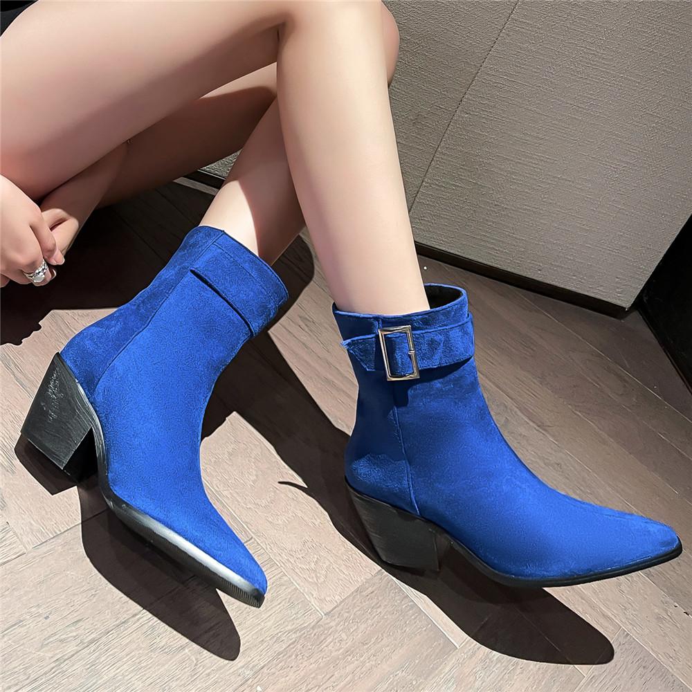 Fashion New Autumn Winter Women Western Cowgirl Chelsea Boots Buckle Slip-on European Cossacks Ladies Shoes Flock High Heels Booties