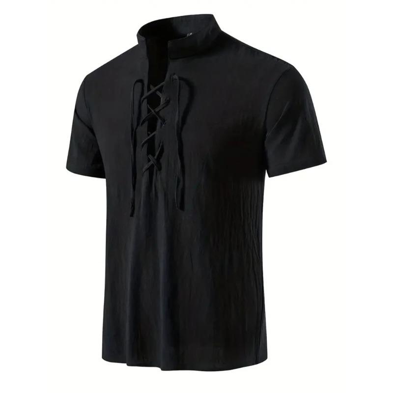 Men's Retro Shirt Short Sleeve Linen Lightweight Breathable Solid Color Fashion Pirate V Neck Stylish Shirs