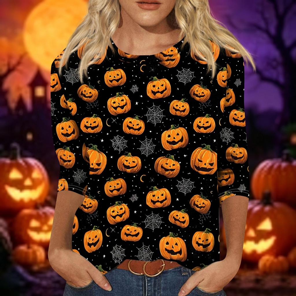 Women Casual Three Quarter Sleeve Halloween Pumpkin Print Crew Neck Top Lightweight Comfortable Fall Shirt for Everyday Wear