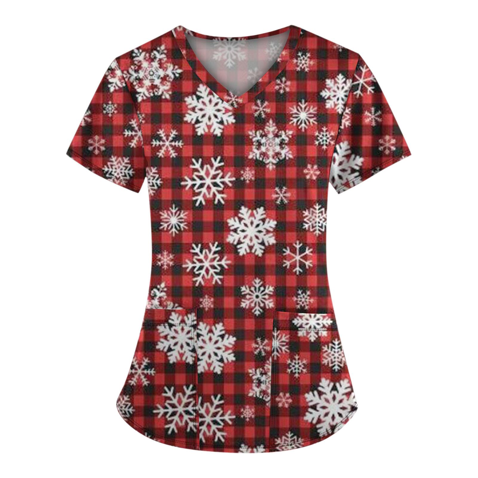 

Женская модная футболка с коротким рукавом и V-образным вырезом, карманом и рождественским принтом XXL