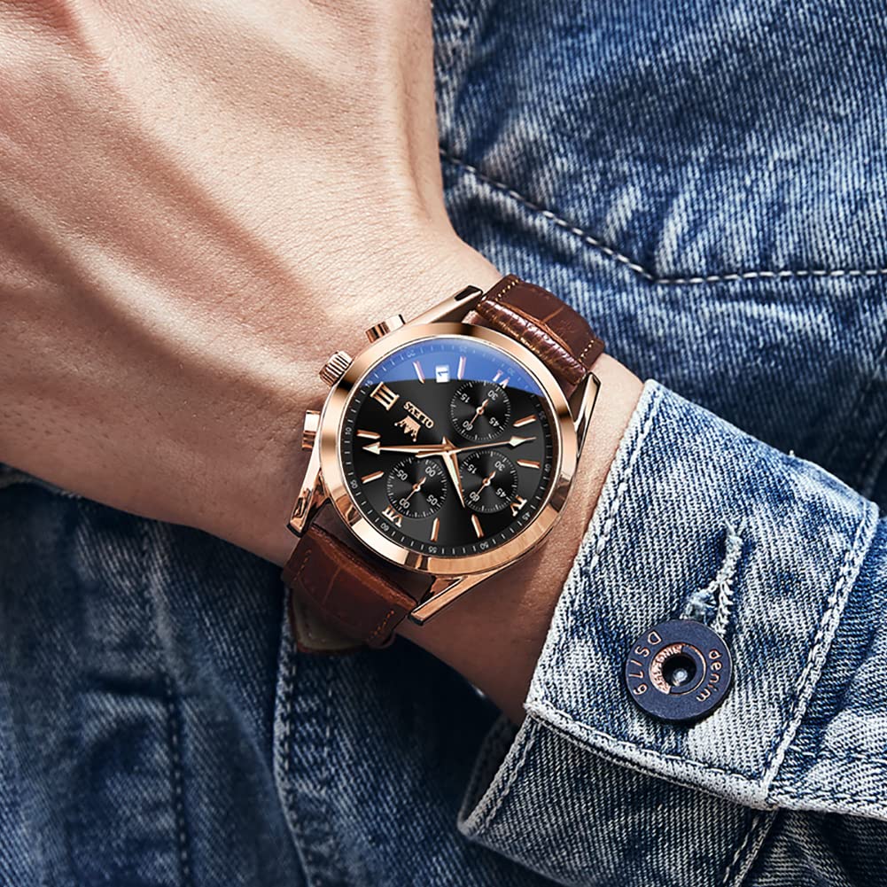 OLEVS Men's Waterproof Wristwatch, Simple and Stylish Business Watch with Brown Leather Strap, Analog Display, Date Display, Quartz Movement, Perfect
