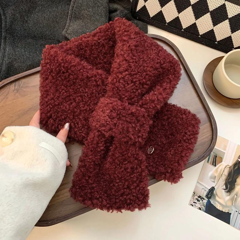 

Red Scarf for Autumn and Winter Women Female Fashion Versatile Korean Style Simple Lamb s Wool Warm Thicken Lazy Cross Scarf 85*13cm вина червоного кольору