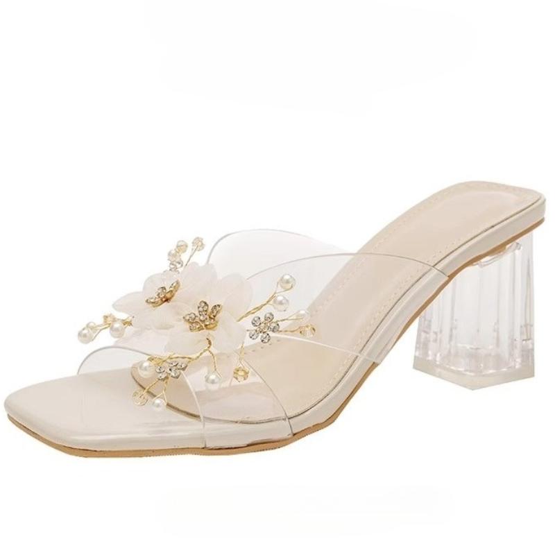 Fashion Luxury Women's High Heels Slippers Pvc Flower Bead Heeled Shoes Summer Fashion New Chunky Sandals Pumps 2025 Elegant Lady Shoes