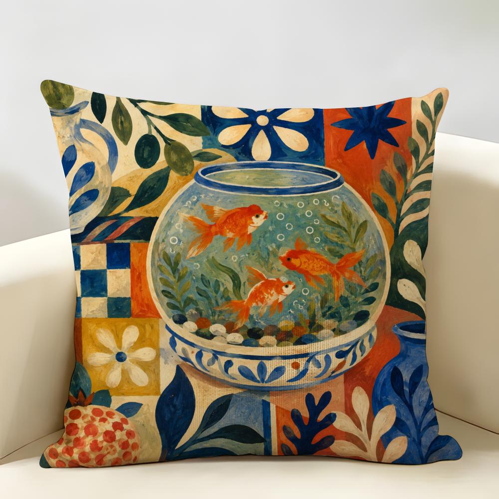 Boho Cat Goldfish Art Cushion Cover Natural Linen Organic Fabric Double-Sided Printing Breathable Perfect For Home Decor