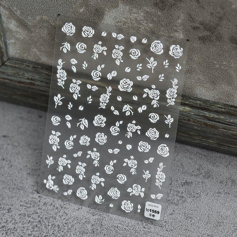 

Black and White Embossed Adhesive Japanese Cute Nail Sticker White Rose 1569