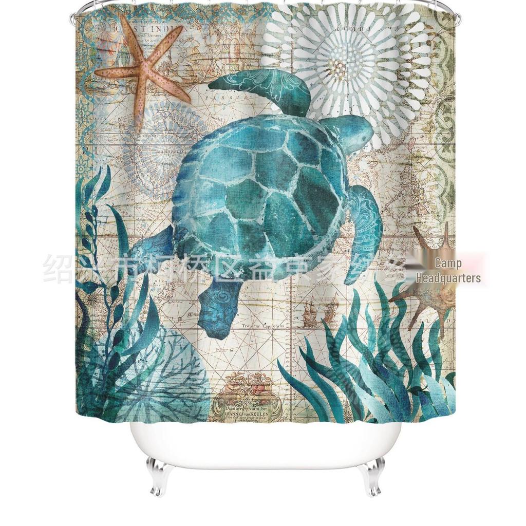 Coastal Marine Shower Curtain: Dolphin, Starfish, Seahorse, Seashell, Sea Turtle - Moisture-Proof, Mildew-Resistant, Waterproof, Beach Bathroom Décor
