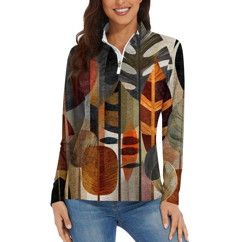 Women's Casual Fashion Retro Floral Print Long Sleeve Zipper Neck Top T-shirt