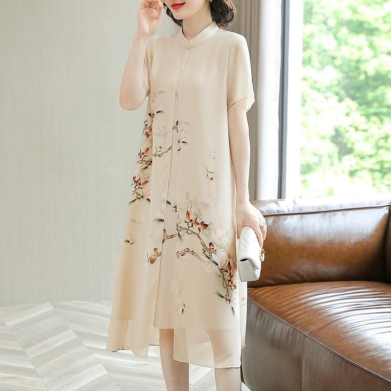 Summer Chiffon Cheongsam Dress for Women Flowy Loose Fit Floral Print Vintage Style Elegant and Comfortable