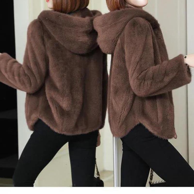 Fleece Thickened Warm Hooded Sweater Cardigan Women's Autumn and Winter Loose Imitation Lamb Plush Coat
