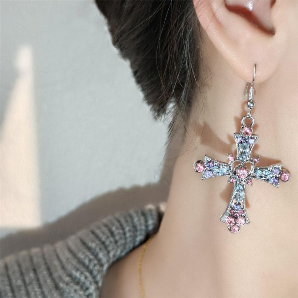 Luxury Exaggerate Cross Hollowed-out Heart Pink Purple Crystal Zircon Dangle Earrings for Women Hip-hop Punk Y2k Jewelry Gifts