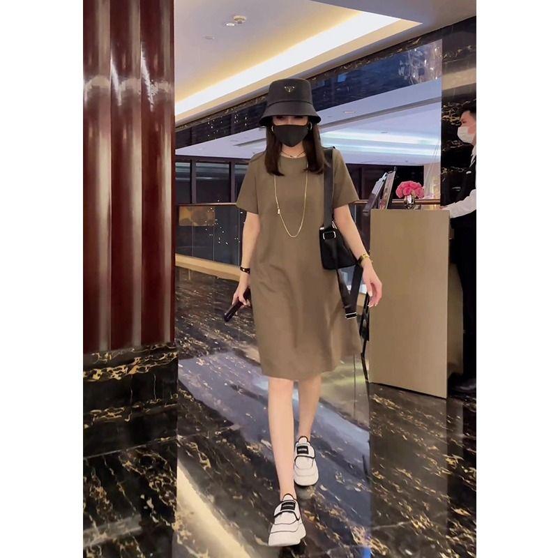 

2025 Summer New Arrival Fancy Short Sleeve T-shirt Skirt Casual Loose Western Style Slimming Youthful-Looking Brown Dress Women Brown Dress S