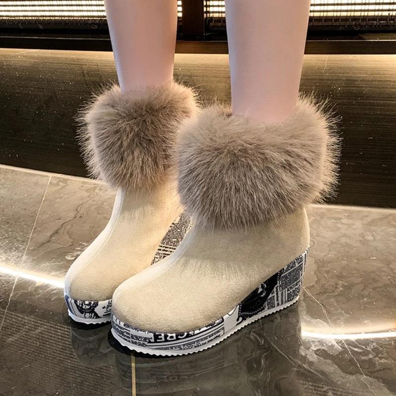 Fashion Fur Women Wedges Platform Ankle Boots Fashion High Heels Shoes Designer 2025 Trend Winter New Snow Boots Party Pumps Botas Mujer