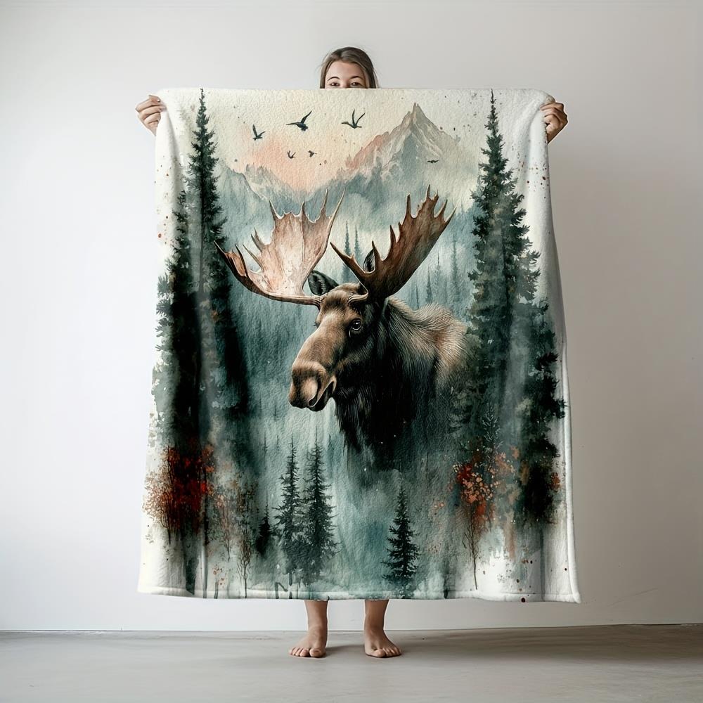 1pc Extra Large/Standard/Compact - Thick Flannel Blanket - Soft Warm Moose & Moose Antlers Forest Design in Green, Brown 130x150cm51x59in