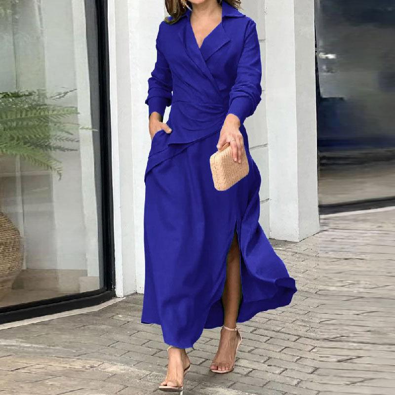 

Vintage Elegant Dress Women Long Slit V Sleeve Pocket Lapel Waist Dresses 2XL синій